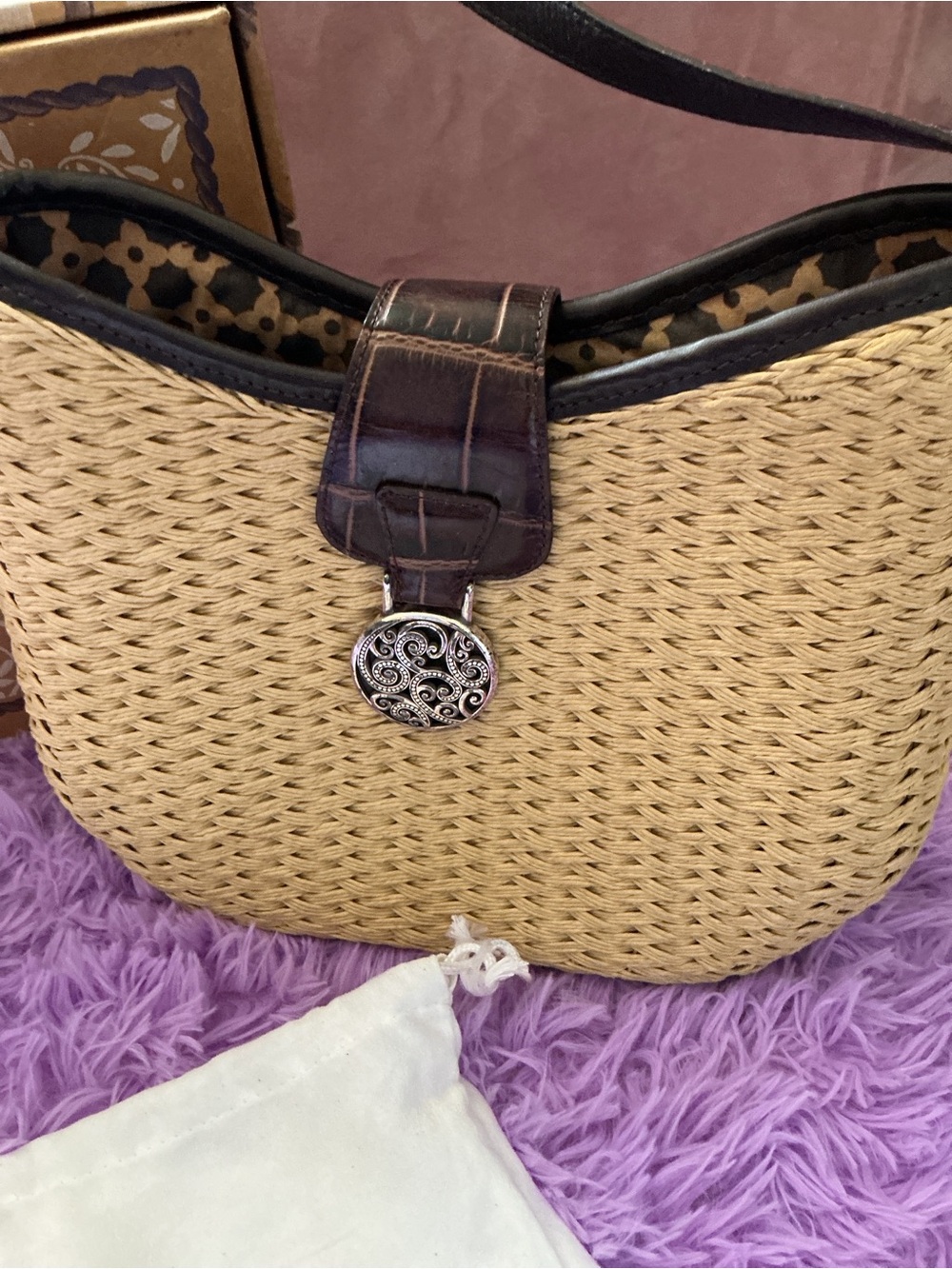 Brighton Natural Woven Shoulder Bag with Brown Trim - Picture 9 of 15